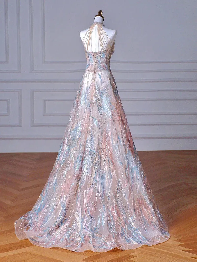 Girlary Fashion Women's Colorful Prom Gowns 2024 Halter Beading Sleeve Sequin  Floor Length Evening Dress Elegant Female Party Vestidos