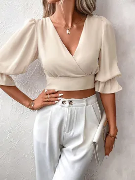 Half Sleeves Loose Elasticity Hollow Ruffled Solid Color Tied V-Neck Blouses&Shirts Tops