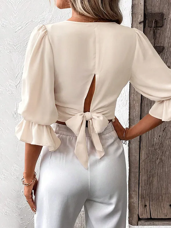 Half Sleeves Loose Elasticity Hollow Ruffled Solid Color Tied V-Neck Blouses&Shirts Tops