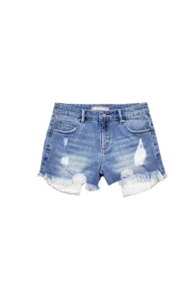 High Waist Weekender Distressed Fray Hem Short In French Blue