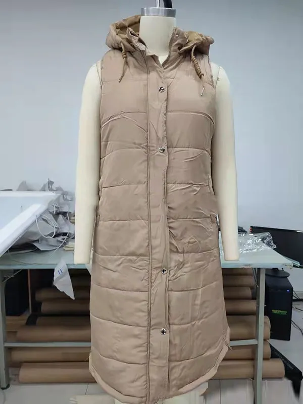 Hooded Sleeveless Buttoned Drawstring Keep Warm Solid Color Split-Joint Zipper Padded Coat Vest Outerwear