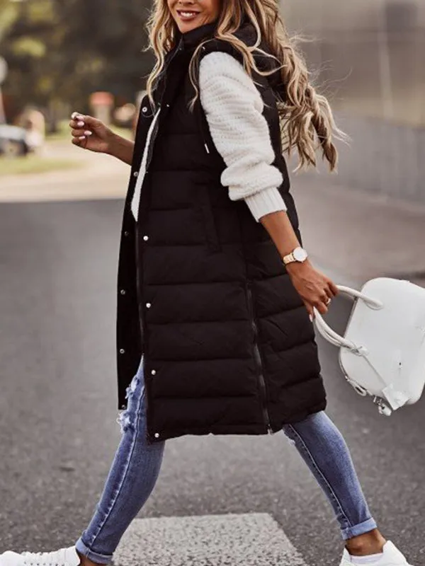 Hooded Sleeveless Buttoned Drawstring Keep Warm Solid Color Split-Joint Zipper Padded Coat Vest Outerwear