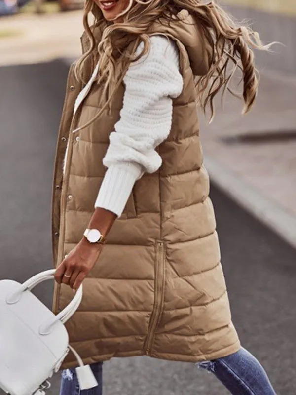 Hooded Sleeveless Buttoned Drawstring Keep Warm Solid Color Split-Joint Zipper Padded Coat Vest Outerwear