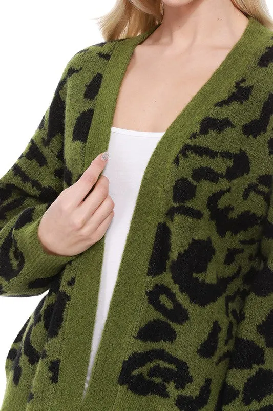 Leopard Jacquard Open Front Cardigan