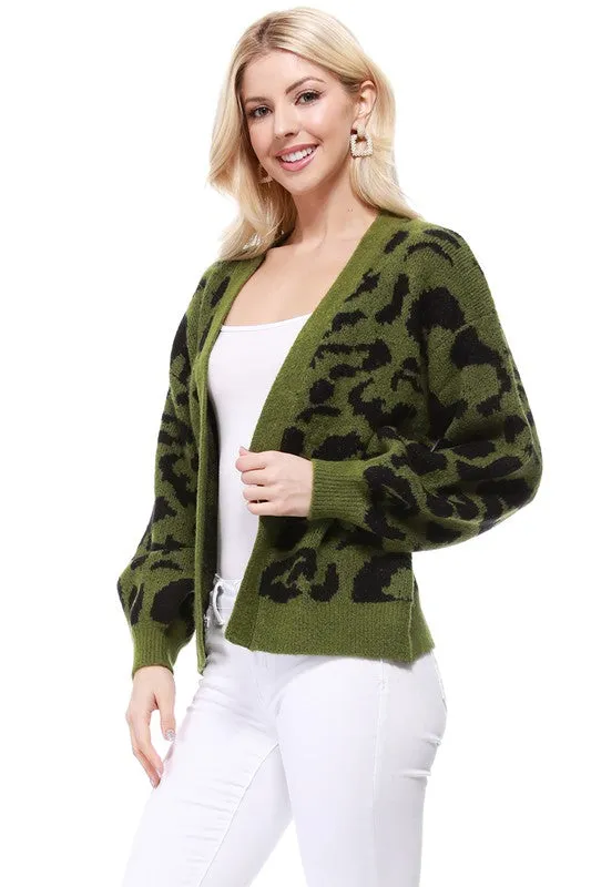 Leopard Jacquard Open Front Cardigan