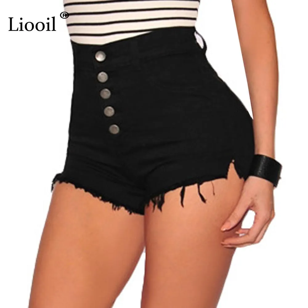 Liooil Black White Red Denim Shorts 2018 Cotton High Waisted Fashion Button Pockets Skinny Women Shorts Summer Sexy Jean Shorts