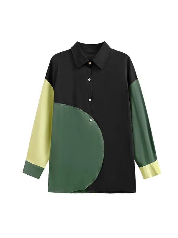 Long Sleeves Loose Asymmetric Buttoned Contrast Color Lapel Blouses&Shirts Tops