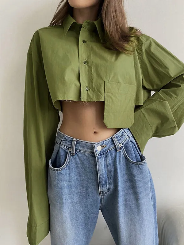 Long Sleeves Loose Asymmetric Buttoned Pockets Solid Color Split-Joint Lapel Blouses&Shirts Tops