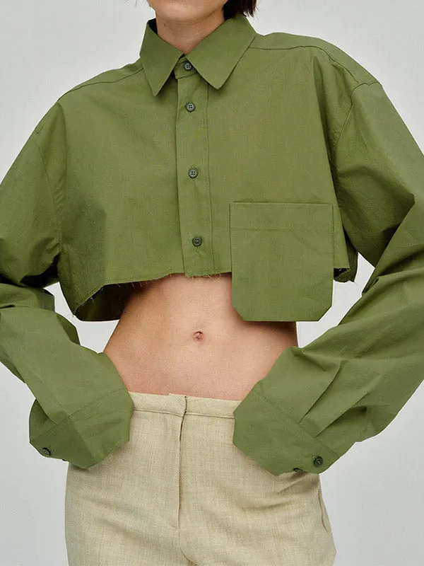 Long Sleeves Loose Asymmetric Buttoned Pockets Solid Color Split-Joint Lapel Blouses&Shirts Tops