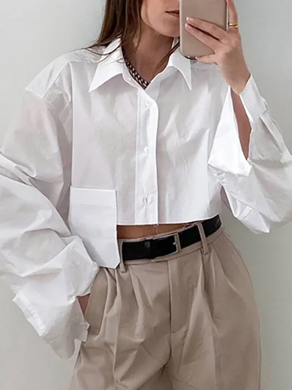 Long Sleeves Loose Asymmetric Buttoned Pockets Solid Color Split-Joint Lapel Blouses&Shirts Tops