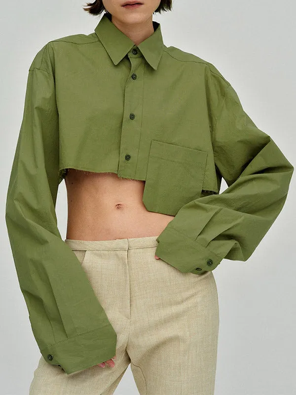 Long Sleeves Loose Asymmetric Buttoned Pockets Solid Color Split-Joint Lapel Blouses&Shirts Tops