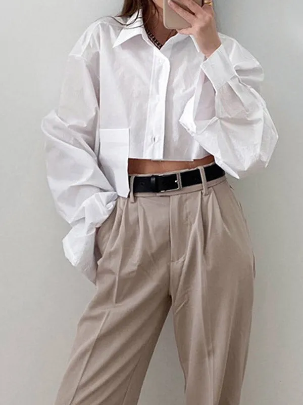 Long Sleeves Loose Asymmetric Buttoned Pockets Solid Color Split-Joint Lapel Blouses&Shirts Tops