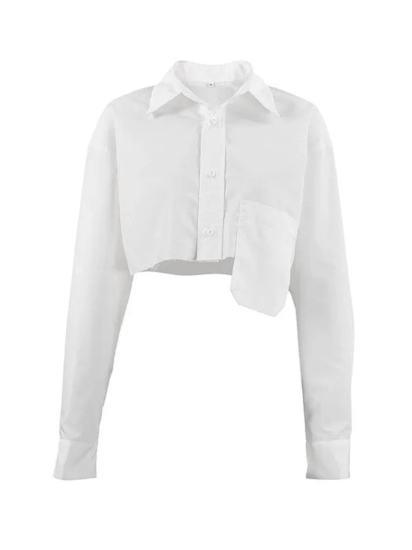 Long Sleeves Loose Asymmetric Buttoned Pockets Solid Color Split-Joint Lapel Blouses&Shirts Tops