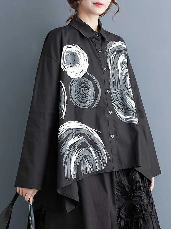 Long Sleeves Loose Asymmetric Printed Split-Joint Lapel Blouses