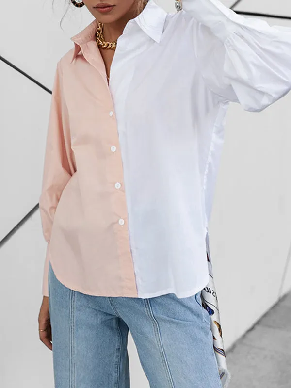 Long Sleeves Loose Buttoned Contrast Color Lapel Blouses&Shirts Tops