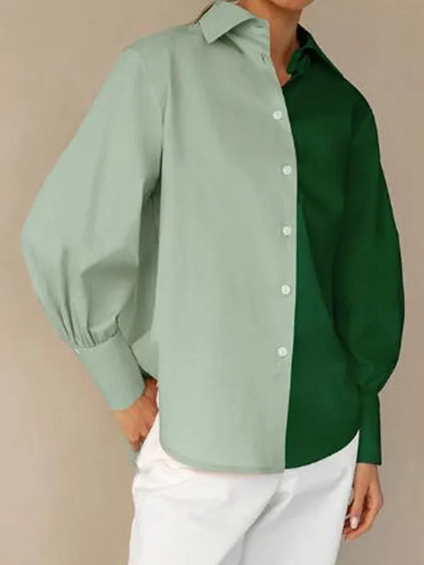 Long Sleeves Loose Buttoned Contrast Color Lapel Blouses&Shirts Tops