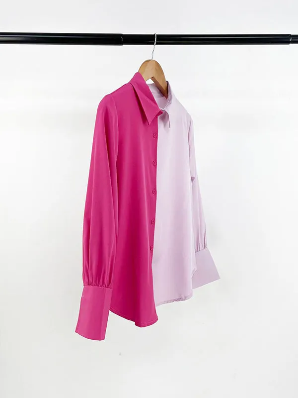 Long Sleeves Loose Buttoned Contrast Color Lapel Blouses&Shirts Tops