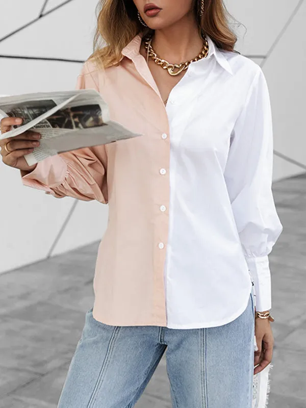 Long Sleeves Loose Buttoned Contrast Color Lapel Blouses&Shirts Tops