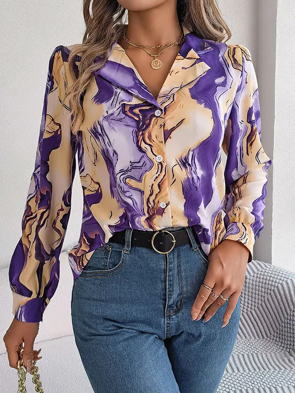 Long Sleeves Loose Buttoned Printed Notched Collar Blouses&Shirts Tops