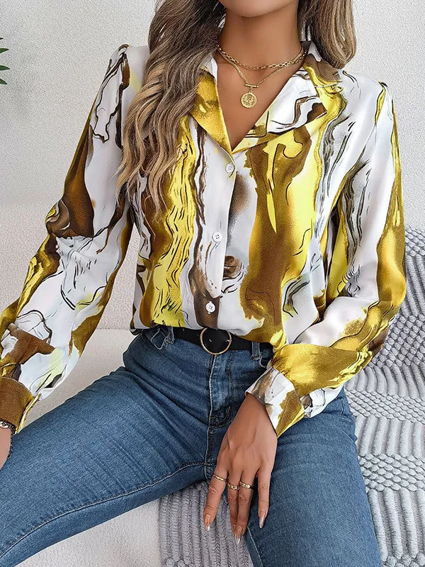 Long Sleeves Loose Buttoned Printed Notched Collar Blouses&Shirts Tops