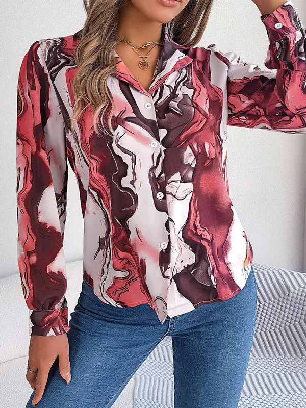 Long Sleeves Loose Buttoned Printed Notched Collar Blouses&Shirts Tops