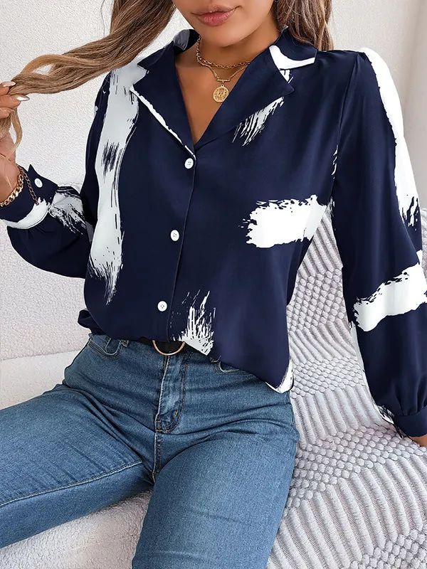 Long Sleeves Loose Buttoned Printed Notched Collar Blouses&Shirts Tops