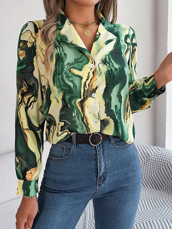 Long Sleeves Loose Buttoned Printed Notched Collar Blouses&Shirts Tops