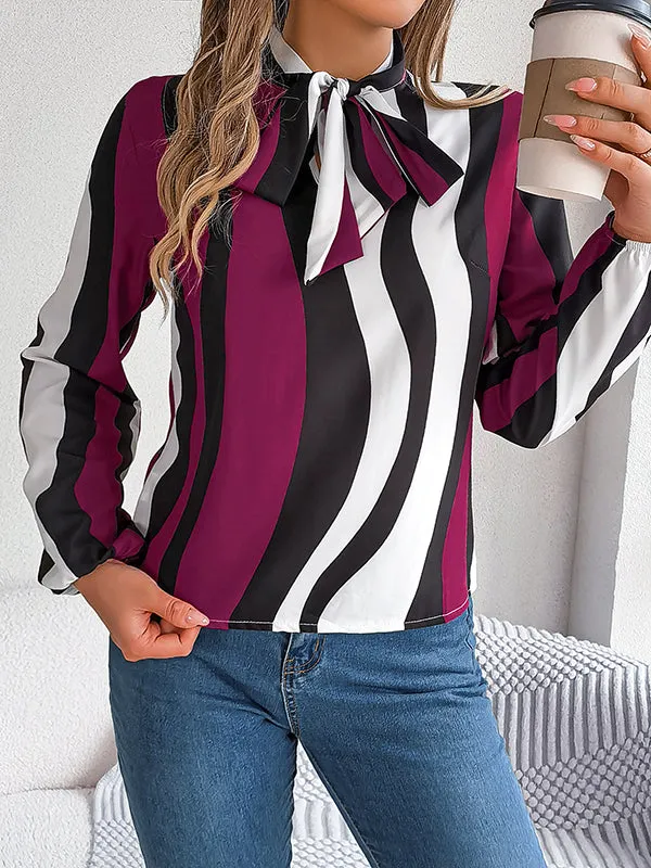 Long Sleeves Loose Contrast Color Elasticity Striped Tied Mock Neck Blouses&Shirts Tops