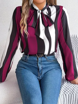 Long Sleeves Loose Contrast Color Elasticity Striped Tied Mock Neck Blouses&Shirts Tops