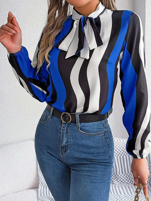 Long Sleeves Loose Contrast Color Elasticity Striped Tied Mock Neck Blouses&Shirts Tops