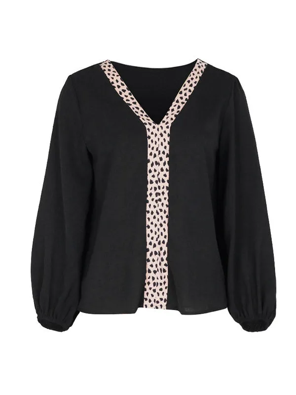 Long Sleeves Loose Elasticity Leopard Split-Joint V-Neck Blouses&Shirts Tops