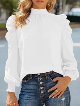 Long Sleeves Loose Elasticity Pleated Solid Color Mock Neck Blouses&shirts Tops