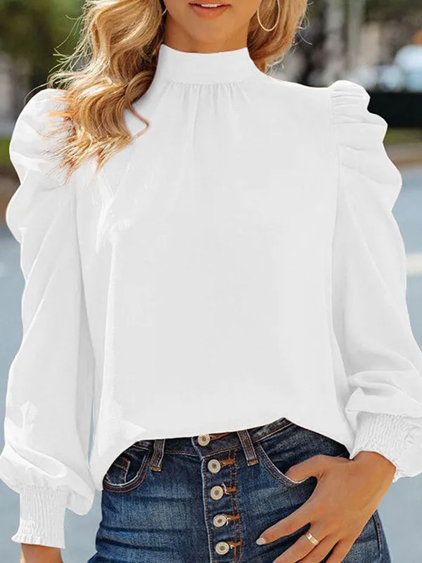 Long Sleeves Loose Elasticity Pleated Solid Color Mock Neck Blouses&shirts Tops