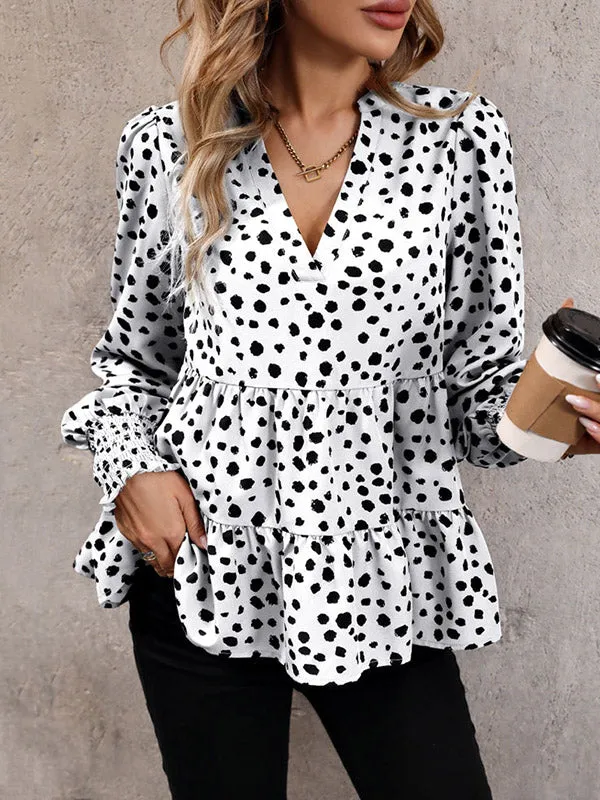 Long Sleeves Loose Elasticity Polka-Dot Split-Joint V-Neck Blouses&Shirts Tops