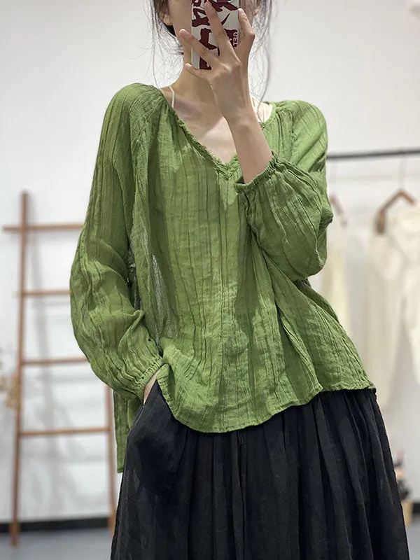 Long Sleeves Loose Pleated Solid Color V-Neck Blouses&Shirts Tops