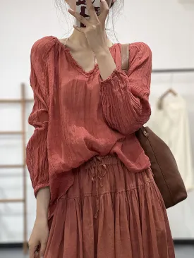 Long Sleeves Loose Pleated Solid Color V-Neck Blouses&Shirts Tops