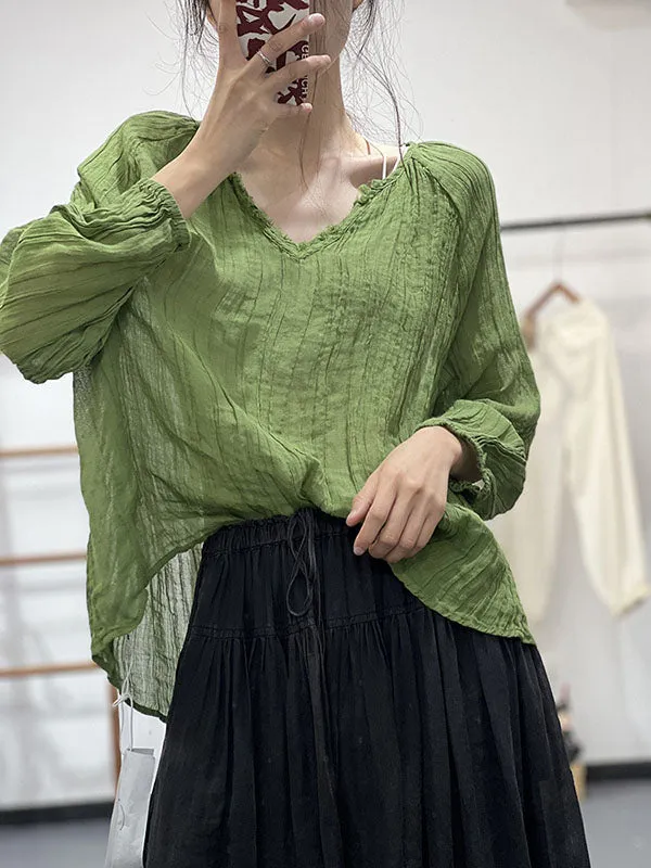 Long Sleeves Loose Pleated Solid Color V-Neck Blouses&Shirts Tops