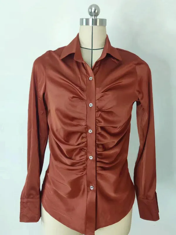 Long Sleeves Pleated Solid Color Lapel Blouses&Shirts Tops