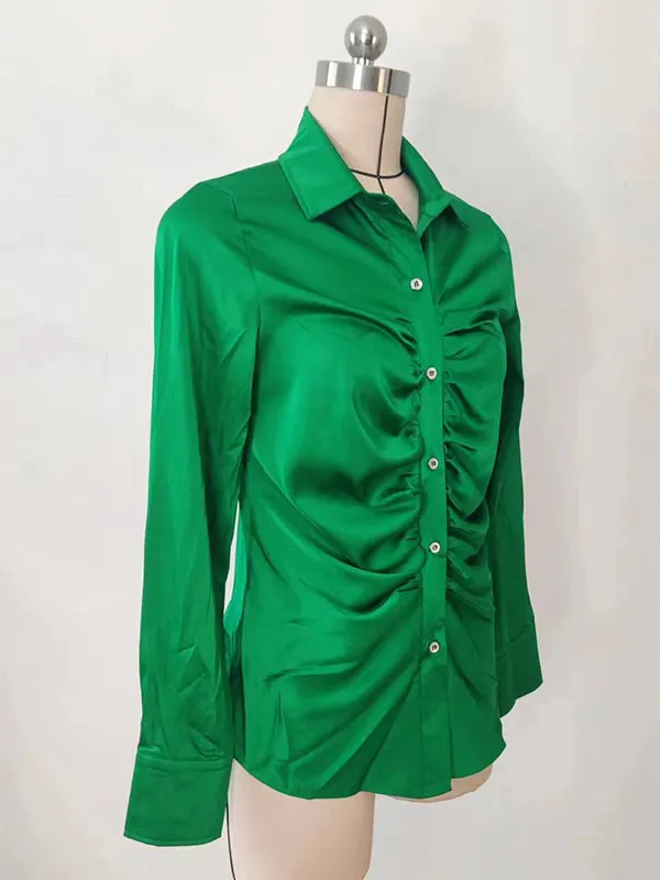 Long Sleeves Pleated Solid Color Lapel Blouses&Shirts Tops