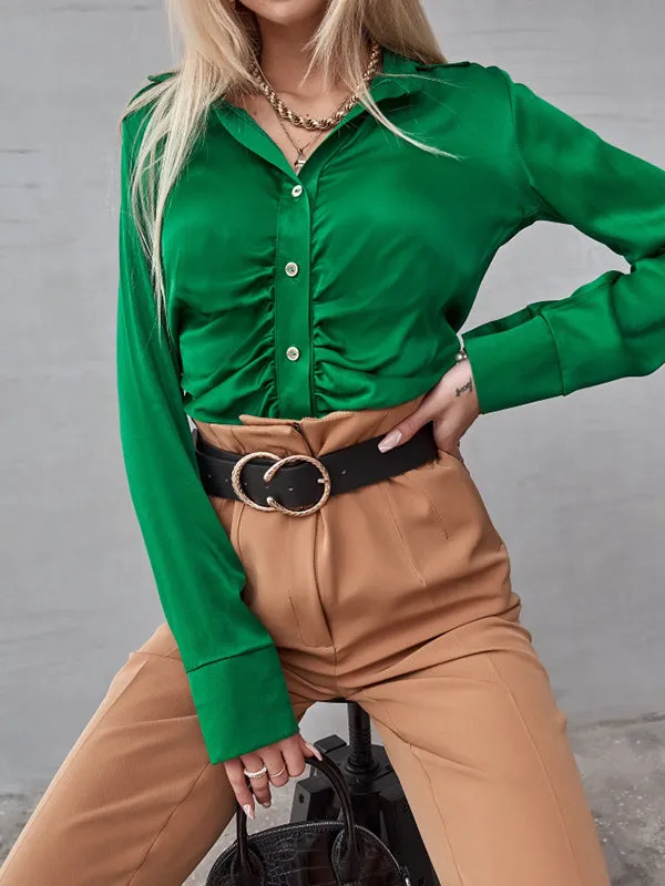 Long Sleeves Pleated Solid Color Lapel Blouses&Shirts Tops