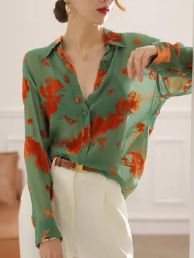 Long Sleeves Printed See-Through Lapel Blouses&Shirts Tops