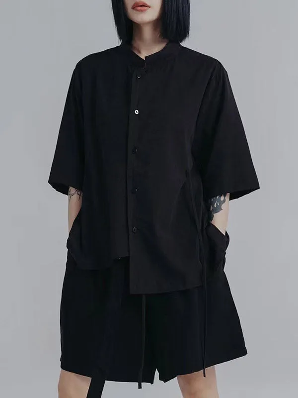 Loose Raglan Sleeve Asymmetric Buttoned Solid Color Tied Stand Collar Blouses&Shirts Tops