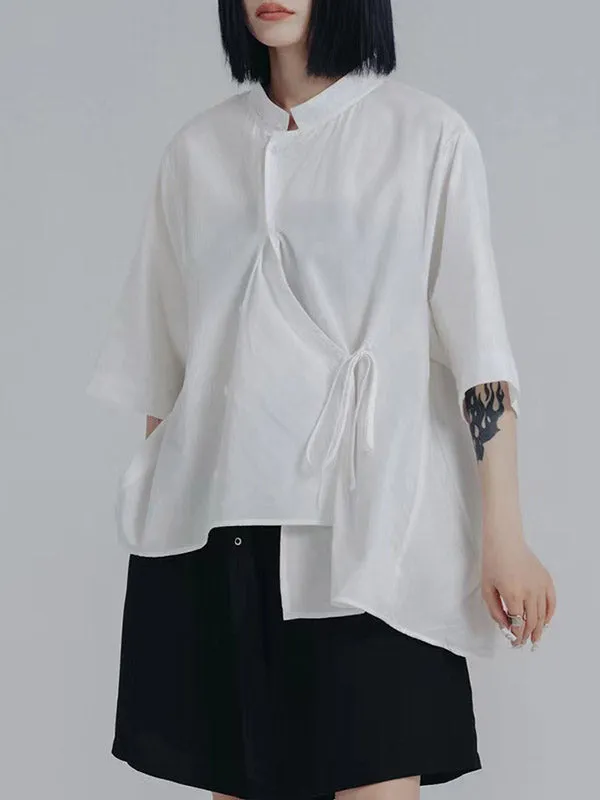 Loose Raglan Sleeve Asymmetric Buttoned Solid Color Tied Stand Collar Blouses&Shirts Tops