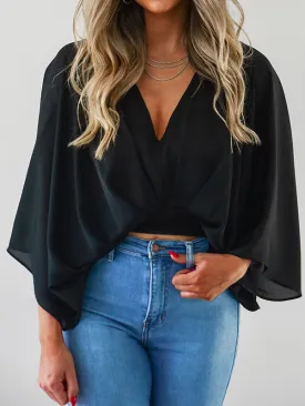 Loose Three-Quarter Sleeves Solid Color Deep V-Neck Blouses&Shirts Tops