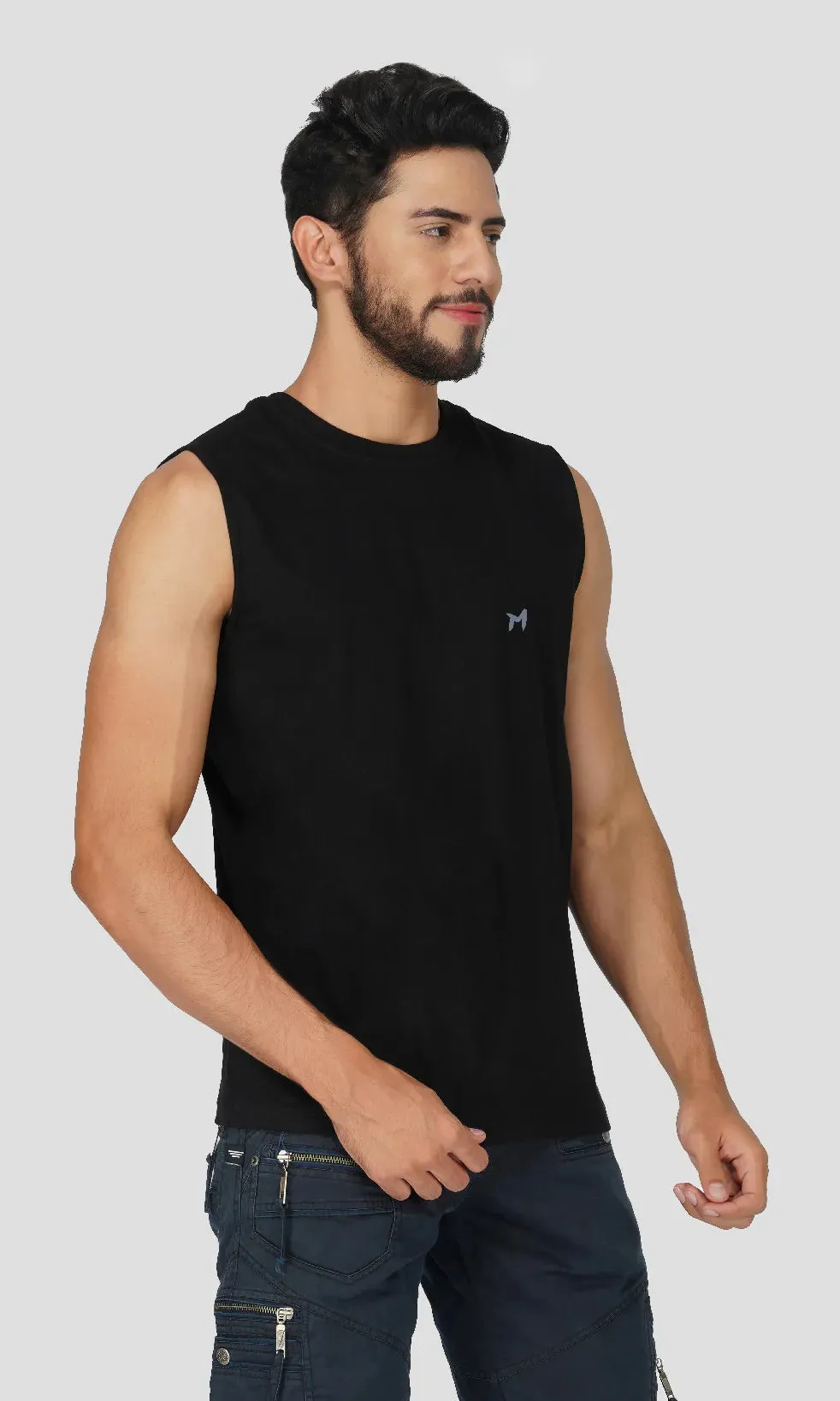 Mebadass Cotton Men's Sleeveless Regular Size Vests - Black