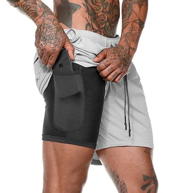 Men 2 in 1 Running Shorts Jogging Gym Fitness Training Quick Dry