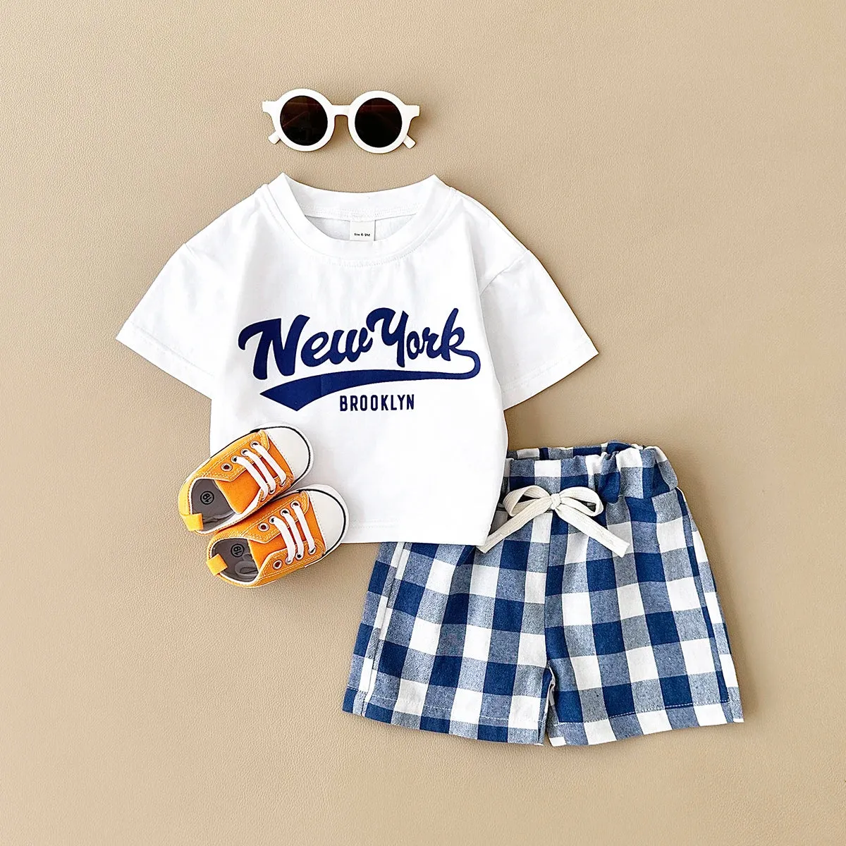 New York Short Sleeved Tee & Checkered Shorts Set