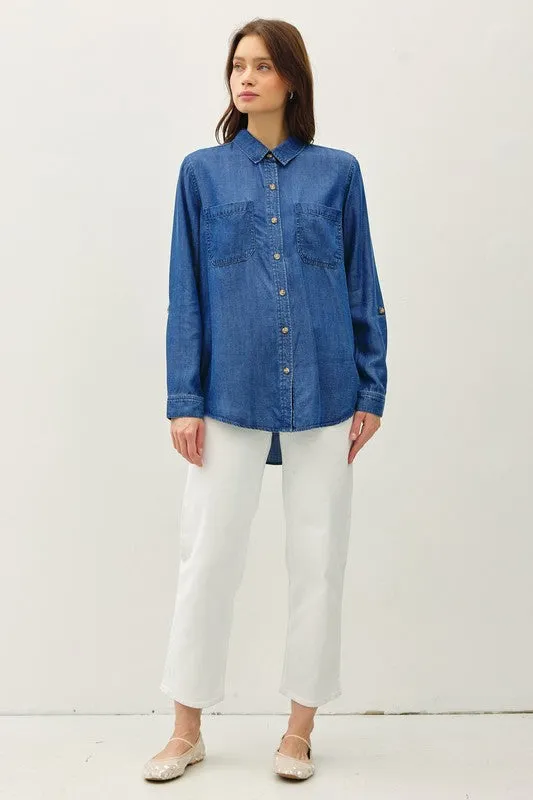 Olivia Long Sleeve Button Down Denim Top Dark Wash