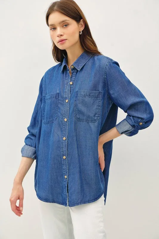 Olivia Long Sleeve Button Down Denim Top Dark Wash