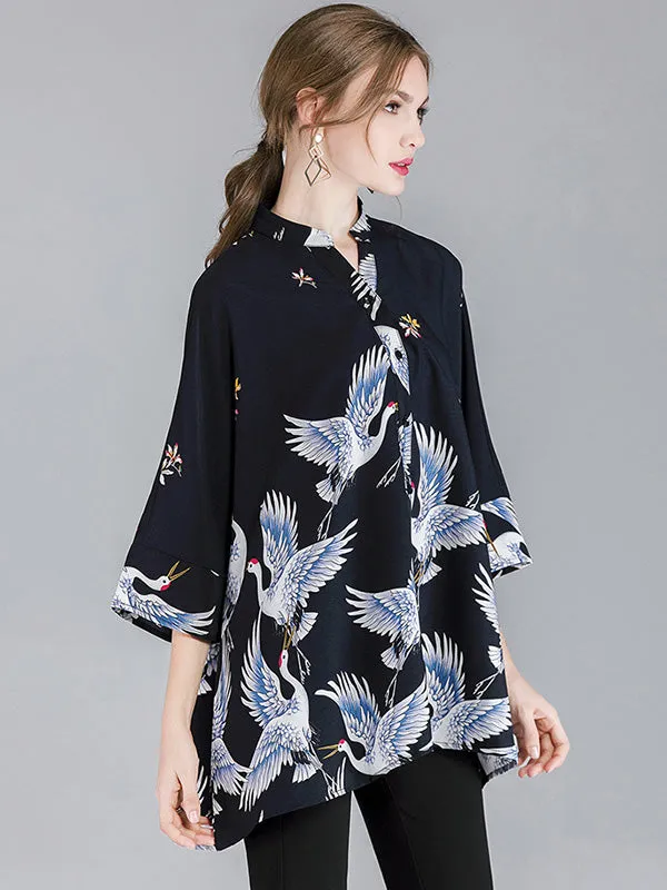 Original Crane Printed Buttoned Stand Collar Half Sleeves Blouse